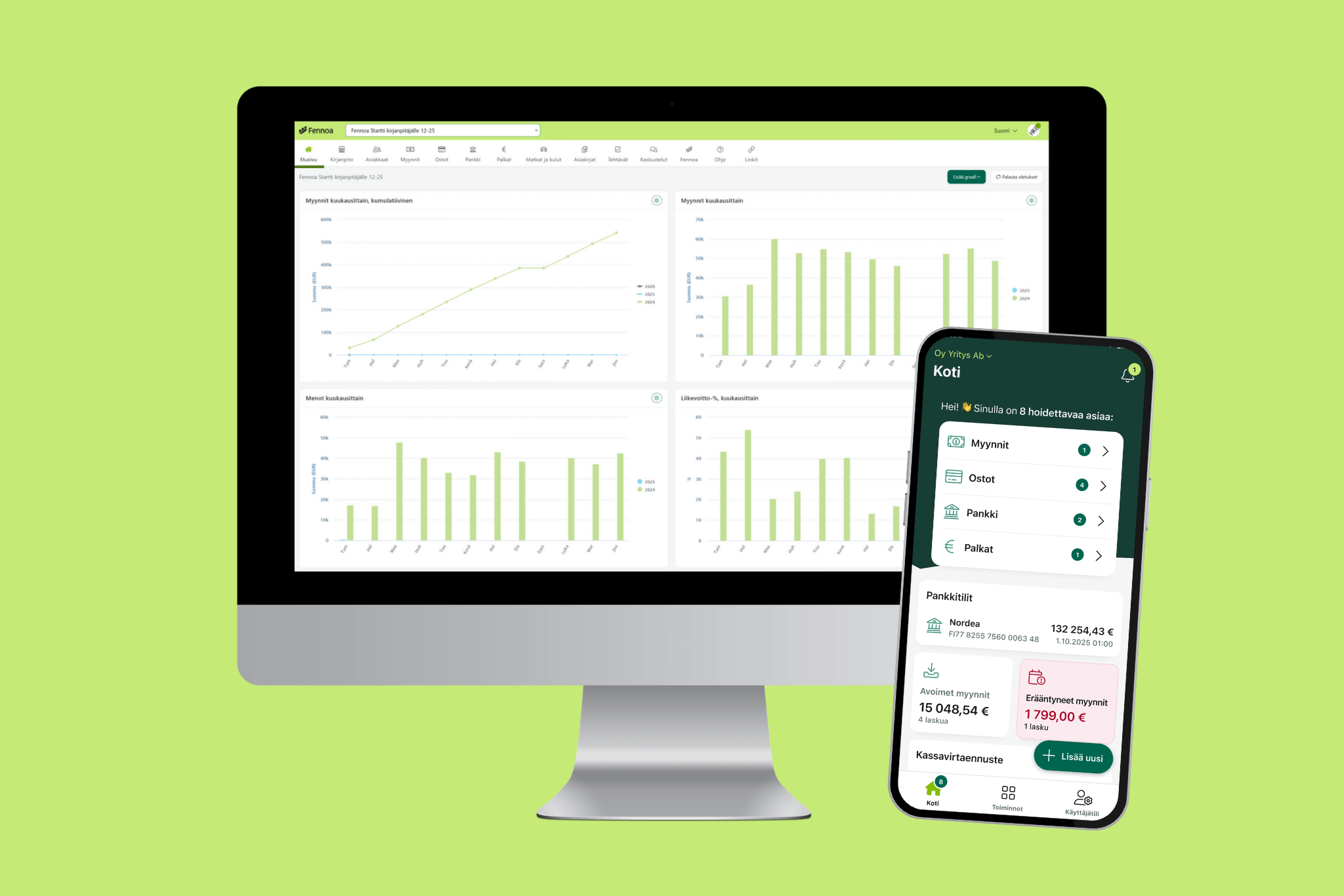 Fennoan graafeja ja mobiili vihreällä taustalla